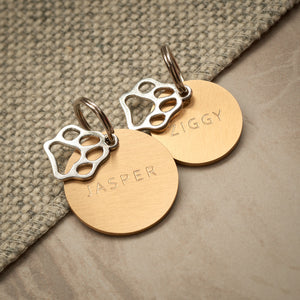 Brushed Brass Circle Silver Paw Print Tag