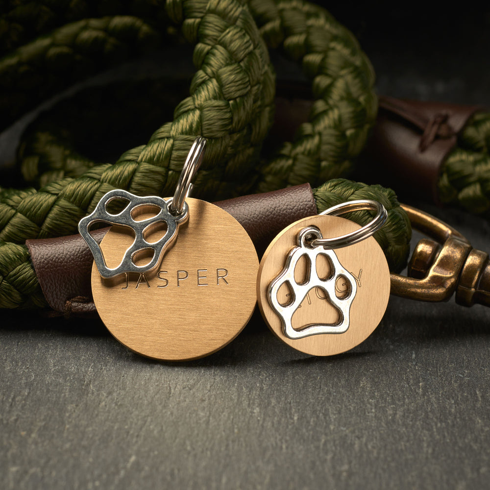 Brushed Brass Circle Silver Paw Print Tag